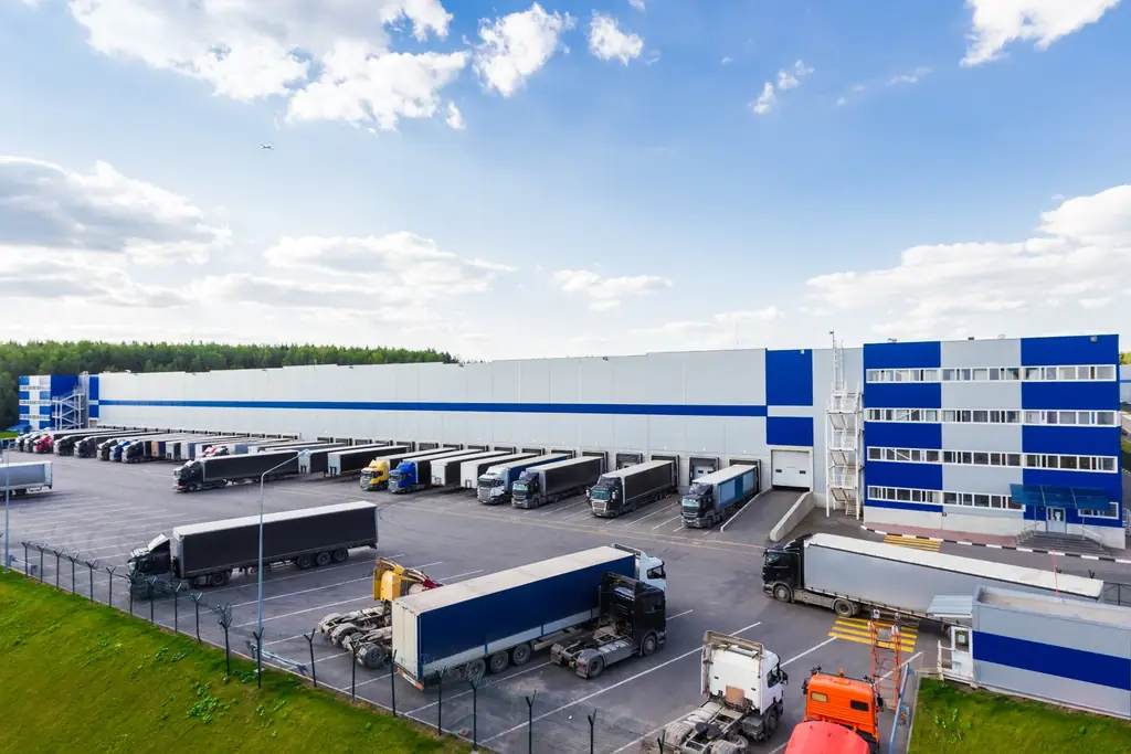 Logistics centre with trucks at the loading docks